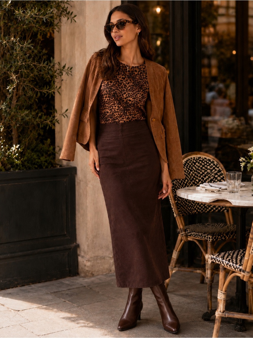 MELLODAY Leopard Print Short Sleeve Top in Brown